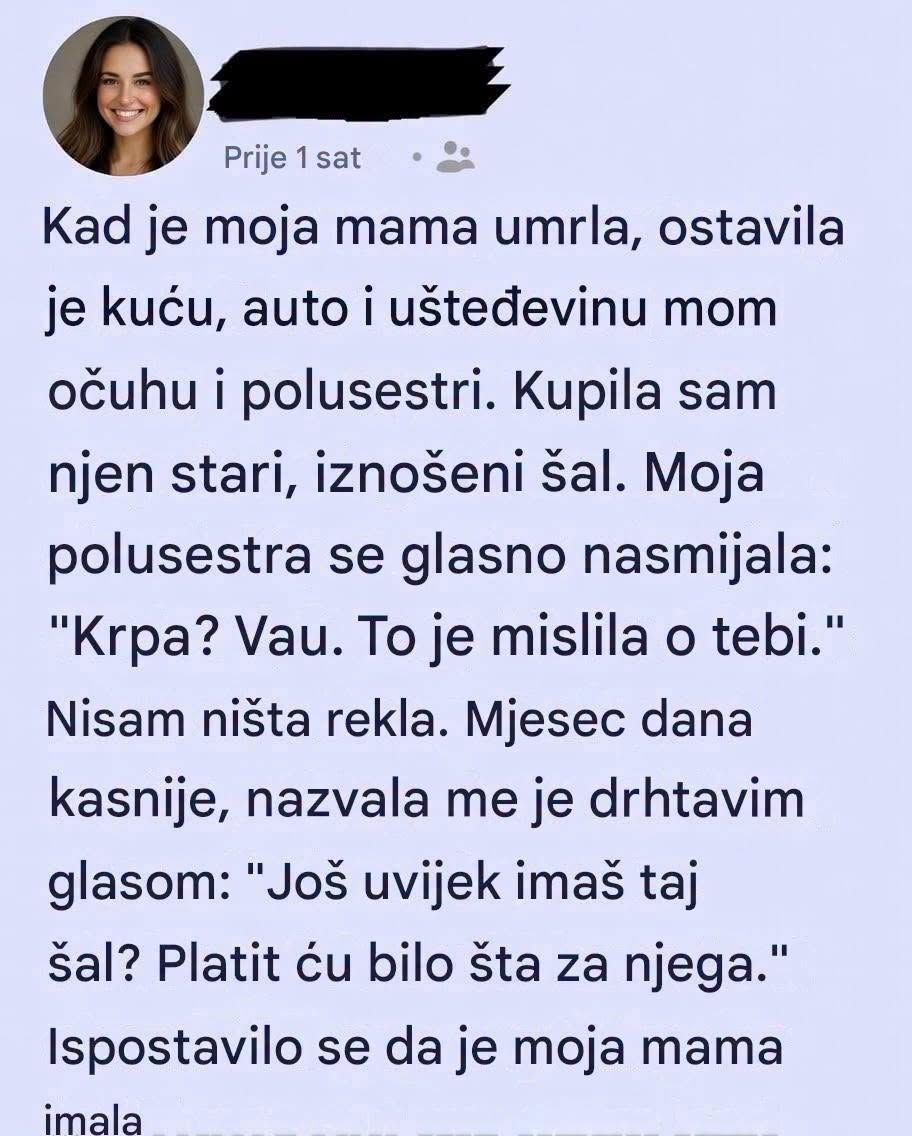 Naslijedila je samo stari šal nakon majčine smrti, a nekoliko sedmica kasnije jedan telefonski poziv promijenio je njen pogled na sve - featured image Naslijedila je samo stari šal nakon majčine smrti, a nekoliko sedmica kasnije jedan telefonski poziv promijenio je njen pogled na sve - featured image
